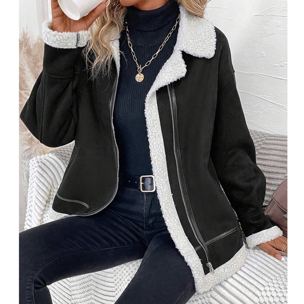 Luxe Vegan Suede Sherpa Lined Zip up Jacket Coat - Picture 4 of 9